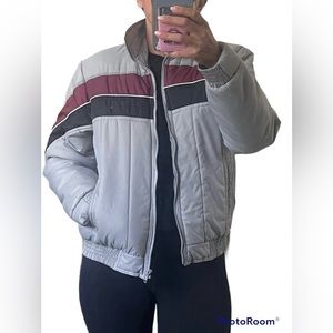 Vintage Chevron Striped Grey Puffer Jacket 1980’s Windbreaker Hipster Coat